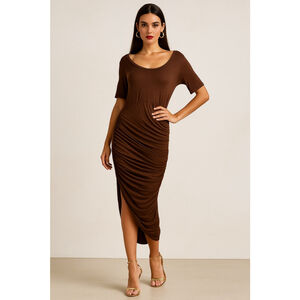Women's Serena Brown Ruched Mesh Midi Dress S